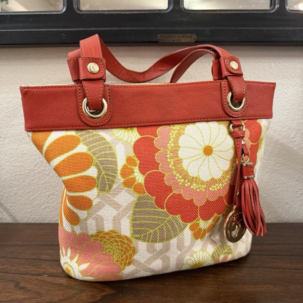 Spartina 449 Daufuskie Island Amelia Linen Leather Satchel Handbag Red Floral